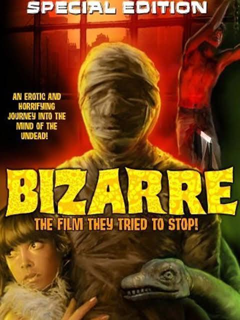 The "Special Edition" cover for the film "Bizarre" (1970). A mummy-like figure wrapped in bandages is featured, with the tagline "The film they tried to stop!" This is certainly one of the more unusual best movies to watch on Halloween.