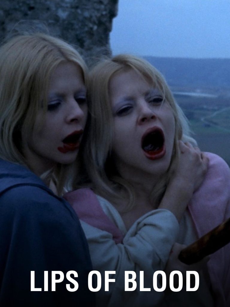 A movie poster for "Lips of Blood" featuring a still from the film. Two pale, blonde women with white eyeshadow and blood around their mouths are shown in a close-up, with one screaming.