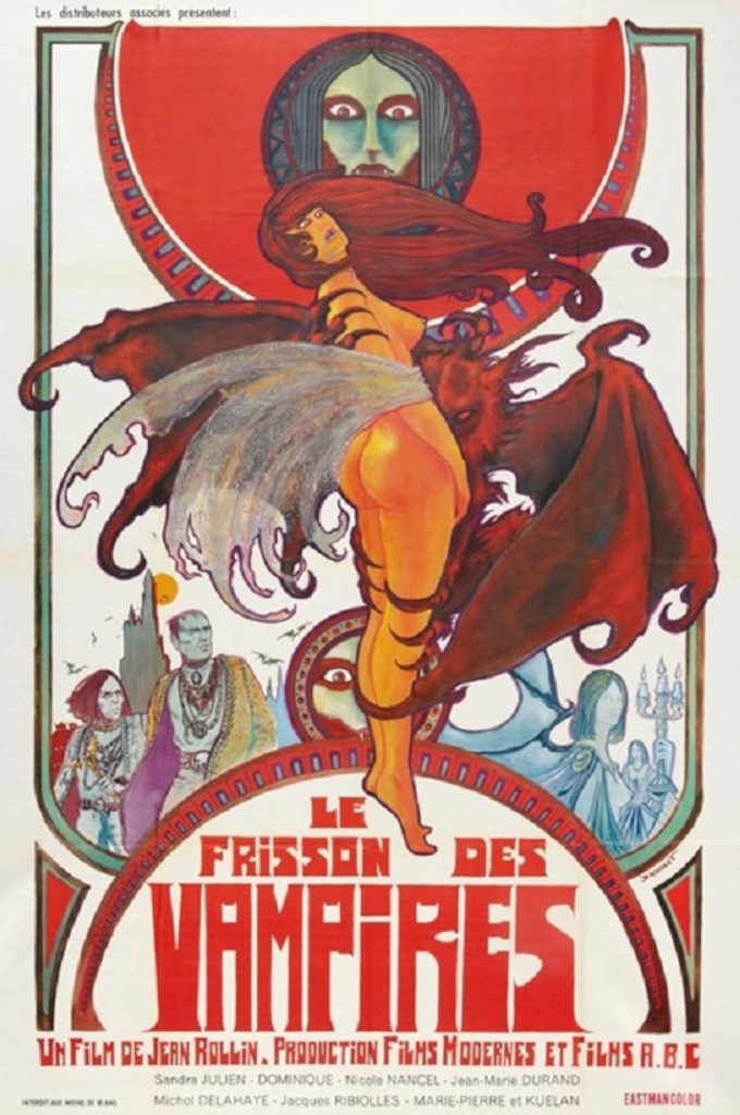 The artistic French poster for "Le Frisson des Vampires" (Shiver of the Vampires, 1971). The psychedelic 70s artwork shows a stylized, winged female vampire