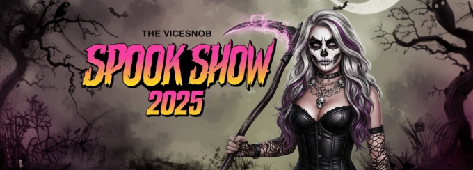 A promotional banner for "The Vicesnob Spook Show 2025". A woman in skull makeup and gothic attire holds a glowing pink scythe in a spooky forest, representing a list of the best movies to watch on Halloween.