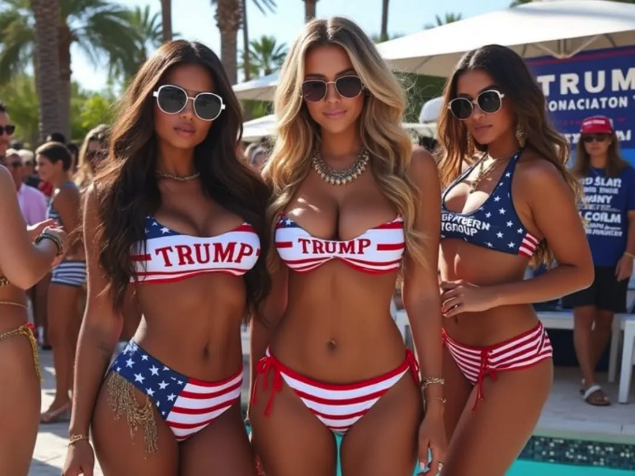three Donald Trump fans in usa flag bikinis that say "Trump" at a Trump Rally and how on polymarket people bet the election odds elections