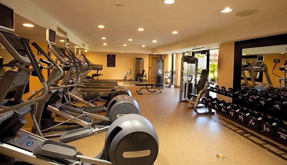 A wide-angle view of the well-equipped gym at Hilton Palm Springs, featuring rows of treadmills and ellipticals for Splash House 2026 attendees looking to stay active during their desert stay.