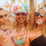 A group of smiling friends enjoying Splash House 2026 in Palm Springs, wearing festival gear like holographic visors and colorful sunglasses, with the event logo overlaid and bubbles floating in the air.