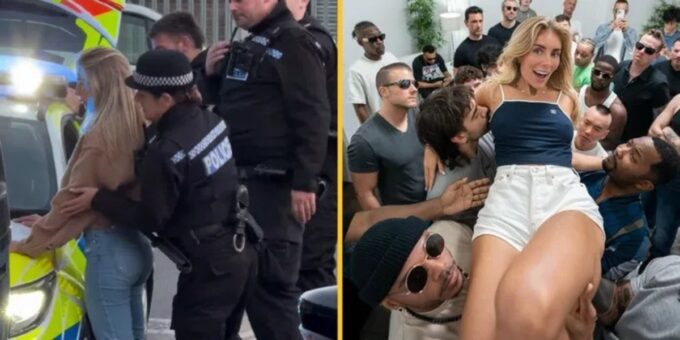 Bonnie Blue OnlyFans star arrested by UK police — side-by-side image showing her being detained next to a police vehicle and surrounded by men in a crowd scene