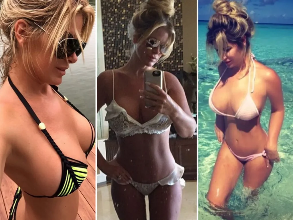 Kim Zolciak-Biermann wearing tiny micro bikinis in three different photos showing off her large voluptuous breasts on a beach and by the pool 