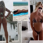 Kim Zolciak-Biermann in a thong bikini standing in front of her mansion and also taking a selfie in her mirror showing off her large delicious breasts