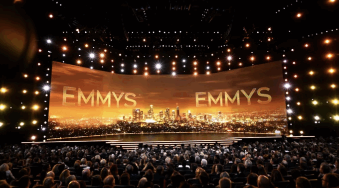 Emmy Awards 2025 stage lit with golden lights and city skyline backdrop, highlighting the start of the nomination event.