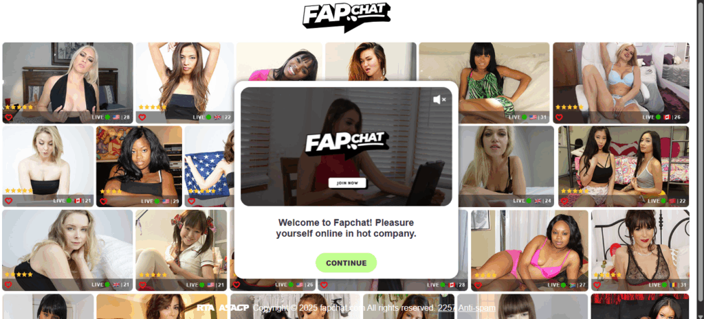 FapChat.com welcome screen showing live cam thumbnails of diverse female models and a central popup inviting users to join and continue.