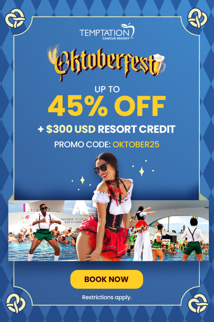 image of woman standing bent over while holding a beer mug for Oktoberfest at Temptation Resorts