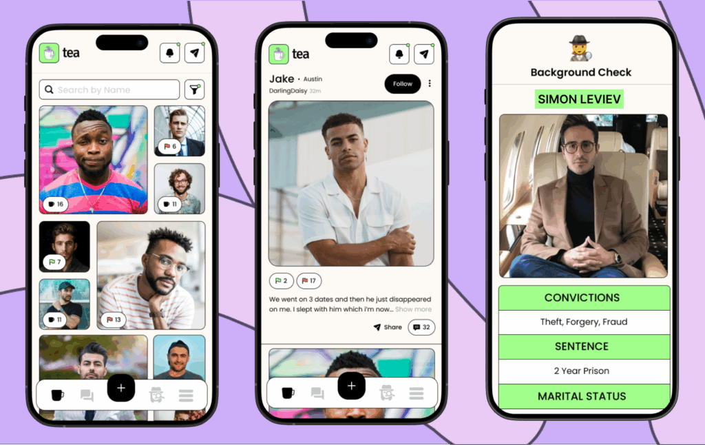 Screenshots of the Tea Dating App showing profiles, red flag alerts, and background checks for safer online dating.