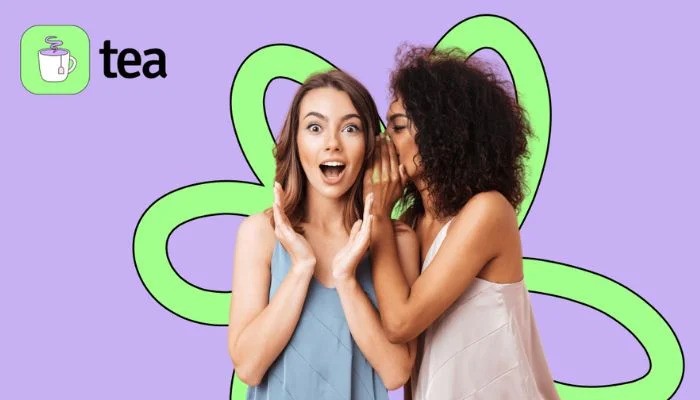 Two women whispering secrets with the Tea Dating App logo, representing women sharing dating red flags.