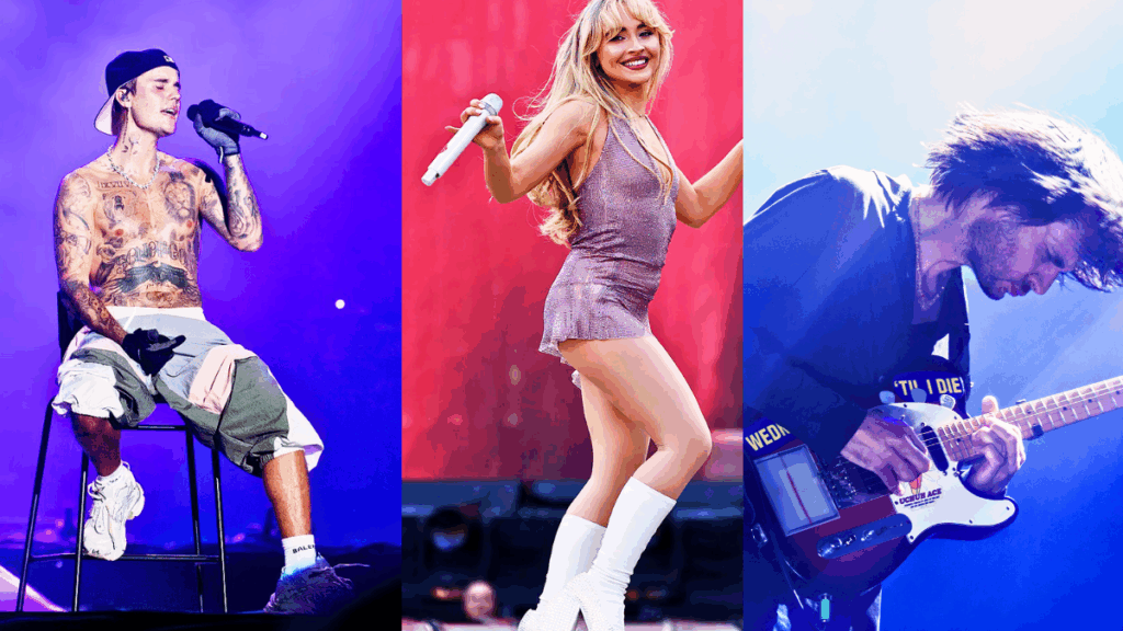 A triptych showing three different musical artists performing at Coachella 2026. On the left, Justin Bieber is sitting on a stool without a shirt on, singing into a microphone. In the center, Sabrina Carpenter is on stage, mid-dance, wearing a sparkly, short dress. On the right, a guitarist from Radiohead is playing with his hair covering his face.