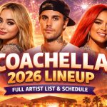 A vibrant promotional graphic for the Coachella 2026 Lineup, featuring headliners Sabrina Carpenter, Justin Bieber, and Karol G against a sunset backdrop with fireworks. The image includes a Ferris wheel, palm trees, and a festival stage, with the text "Full Artist List & Schedule" displayed on a ribbon at the bottom.