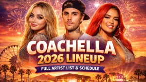 A vibrant promotional graphic for the Coachella 2026 Lineup, featuring headliners Sabrina Carpenter, Justin Bieber, and Karol G against a sunset backdrop with fireworks. The image includes a Ferris wheel, palm trees, and a festival stage, with the text "Full Artist List & Schedule" displayed on a ribbon at the bottom.