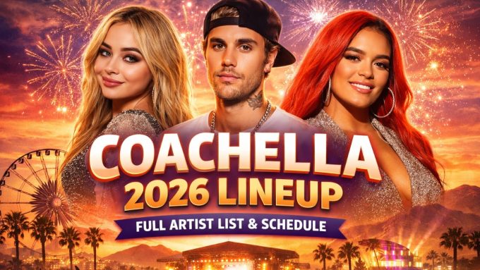 A vibrant promotional graphic for the Coachella 2026 Lineup, featuring headliners Sabrina Carpenter, Justin Bieber, and Karol G against a sunset backdrop with fireworks. The image includes a Ferris wheel, palm trees, and a festival stage, with the text "Full Artist List & Schedule" displayed on a ribbon at the bottom.