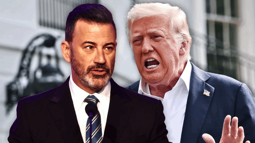On the left, a serious-looking Jimmy Kimmel is in a dark suit. On the right, Donald Trump is shown mid-speech, with his mouth open and his hand gesturing. T