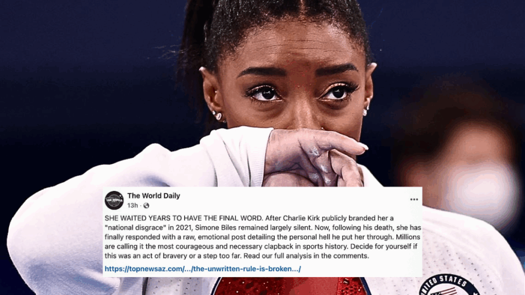 Screenshot of a Facebook post with Simone Biles looking emotional, alongside text alleging she responded to Charlie Kirk after his death, which is misinformation.