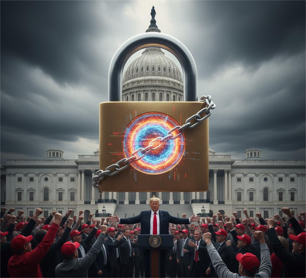 Donald Trump standing in front of the U.S. Capitol with a large digital padlock symbolizing control during the government shutdown 2025, surrounded by supporters raising their fists under stormy skies