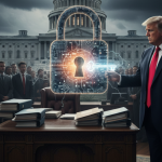 Donald Trump inside a government office unlocking a digital padlock with a high-tech key, symbolizing expanded presidential authority with officials watching in the background