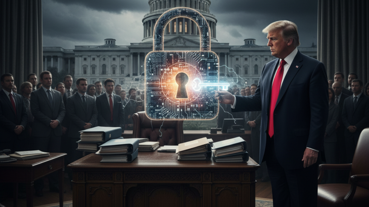 Donald Trump inside a government office unlocking a digital padlock with a high-tech key, symbolizing expanded presidential authority with officials watching in the background