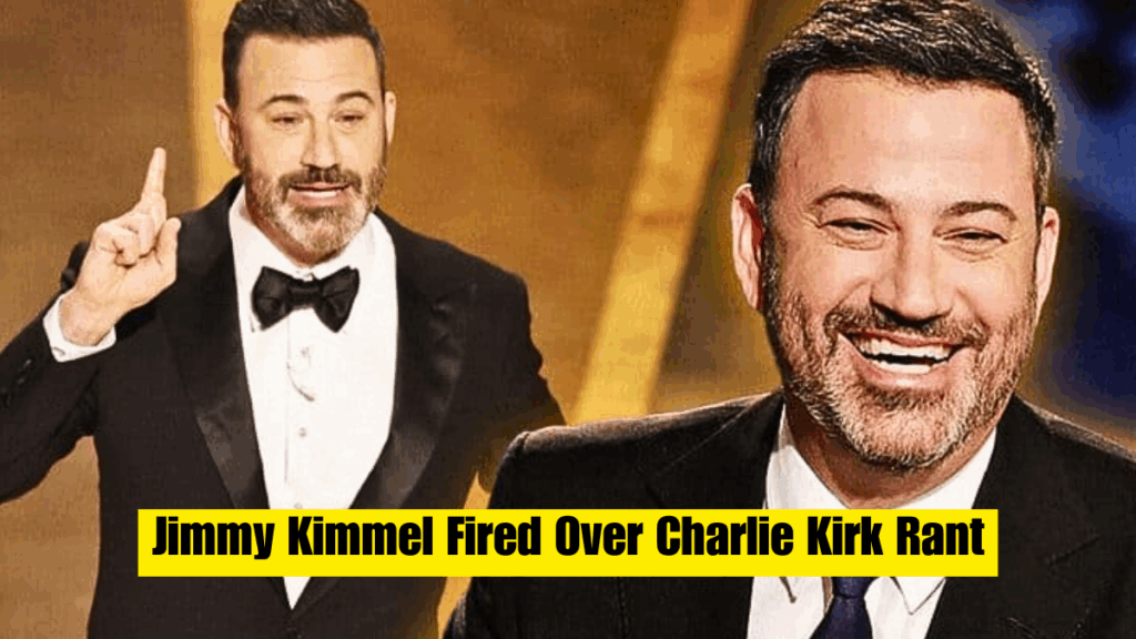 Jimmy Kimmel, is shown in two poses. One pose shows him pointing his finger up as if making a point. The other pose shows him smiling broadly. The text "Jimmy Kimmel Fired Over Charlie Kirk Rant" is superimposed over the image.