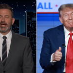 Split image of Jimmy Kimmel on his late-night show reacting emotionally and Donald Trump giving thumbs up, symbolizing MAGA backlash as Jimmy Kimmel Returns