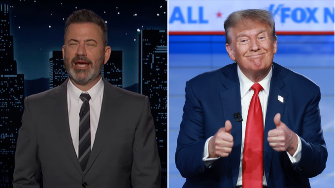 Split image of Jimmy Kimmel on his late-night show reacting emotionally and Donald Trump giving thumbs up, symbolizing MAGA backlash as Jimmy Kimmel Returns