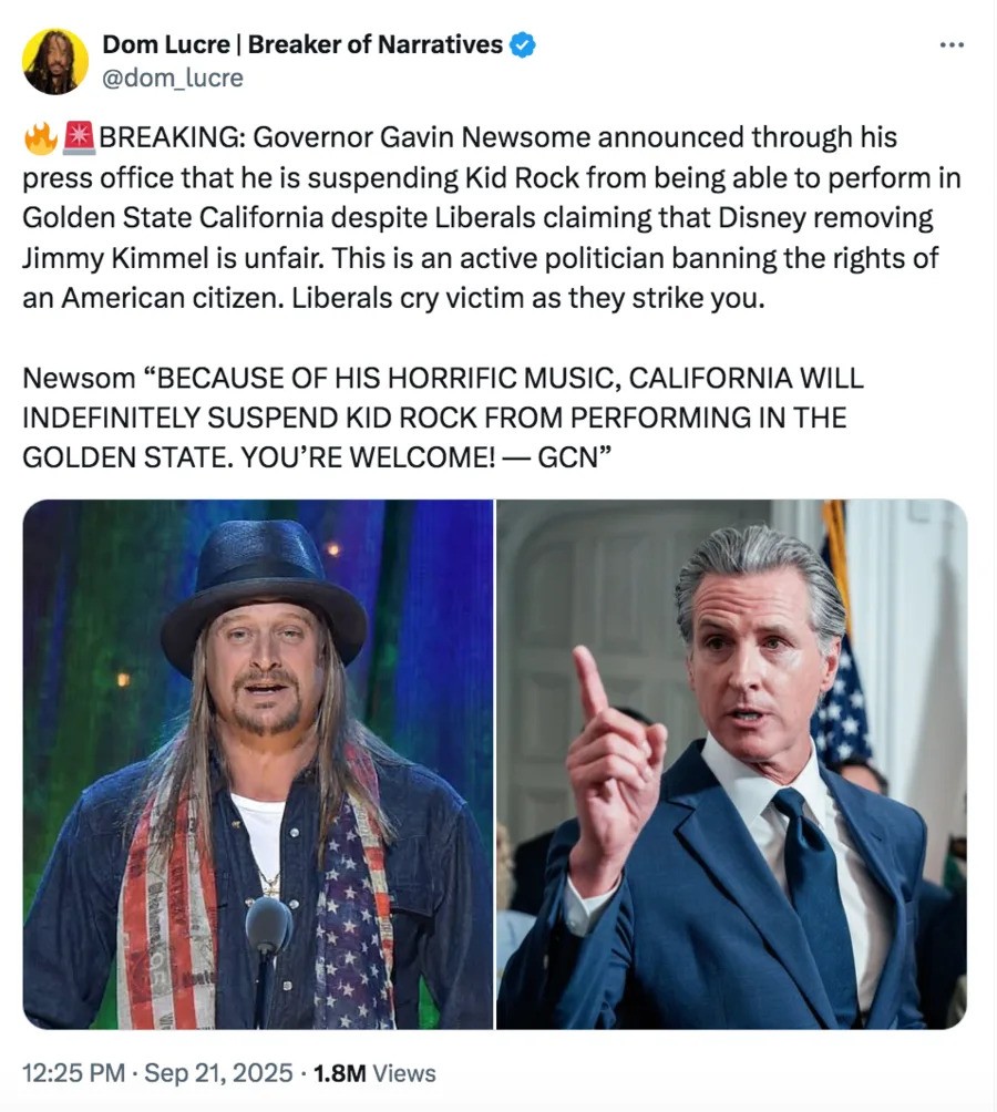 Kid Rock News showing Gavin Newsom announcing Kid Rock’s California performance ban, trending on social media.