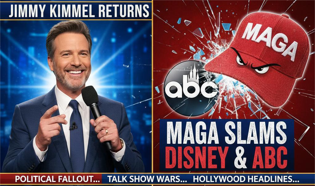 Jimmy Kimmel Returns to ABC holding a microphone smiling, alongside image of MAGA hat and ABC logo with text 'MAGA Slams Disney & ABC'
