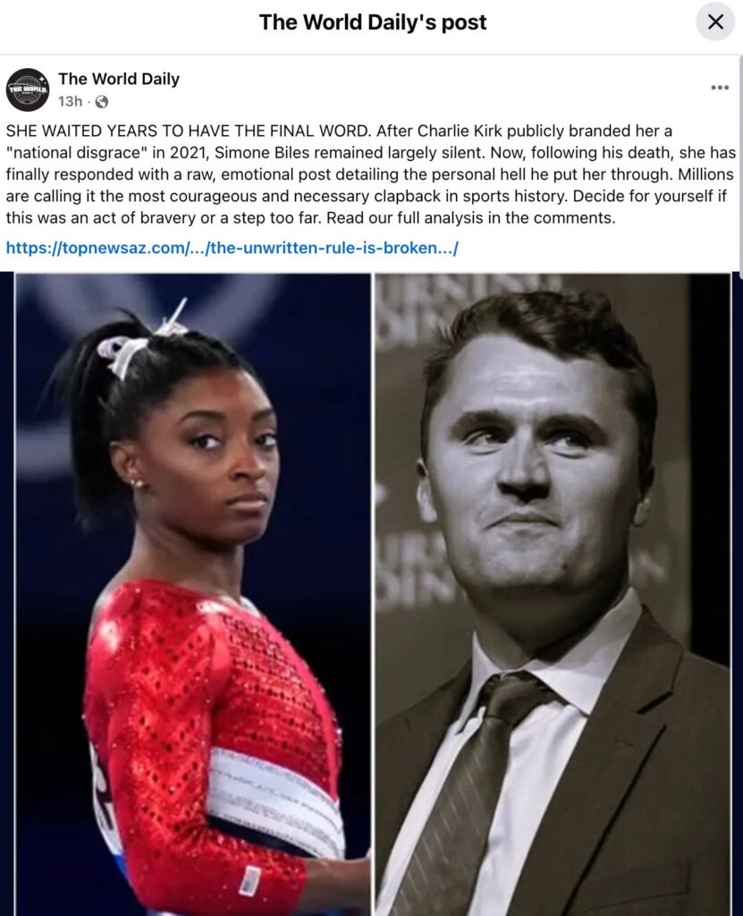 Side-by-side image of Simone Biles in red gymnastics uniform and Charlie Kirk in grayscale, used in a misleading Facebook post about a fake Simone Biles statement.