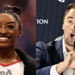 Split image of Simone Biles smiling and Charlie Kirk speaking at an event, illustrating the viral false claim about a Simone Biles post responding to him