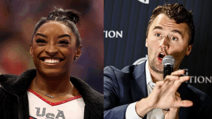 Split image of Simone Biles smiling and Charlie Kirk speaking at an event, illustrating the viral false claim about a Simone Biles post responding to him