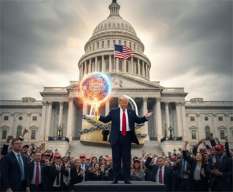 Donald Trump holding a glowing key in front of a chained Capitol building, representing executive power during the government shutdown 2025 as a crowd of supporters cheer