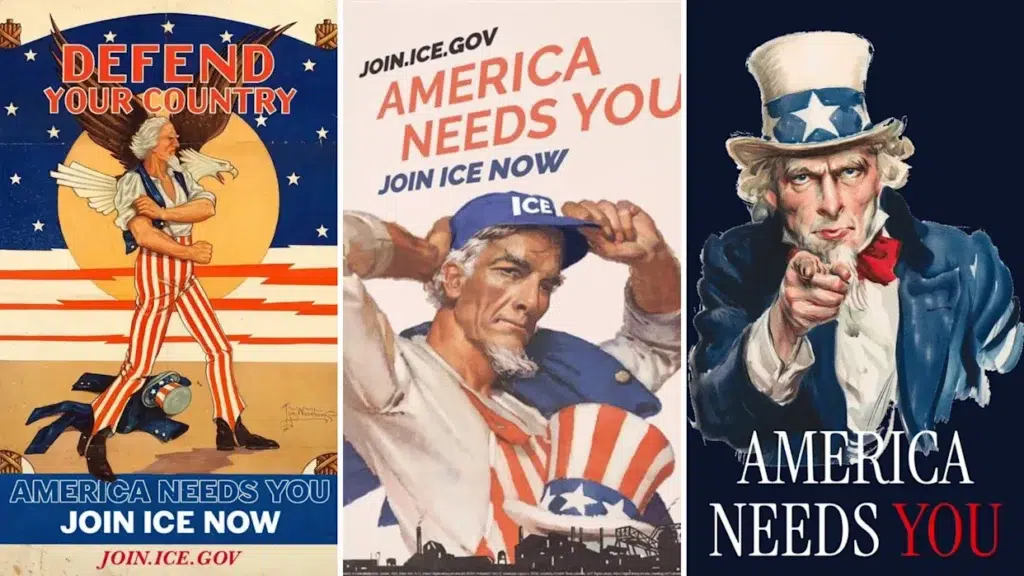 us dhs gov recruitment flyers for ICE depicting vintage recruitment poster styles superman dean cain joins ICE 