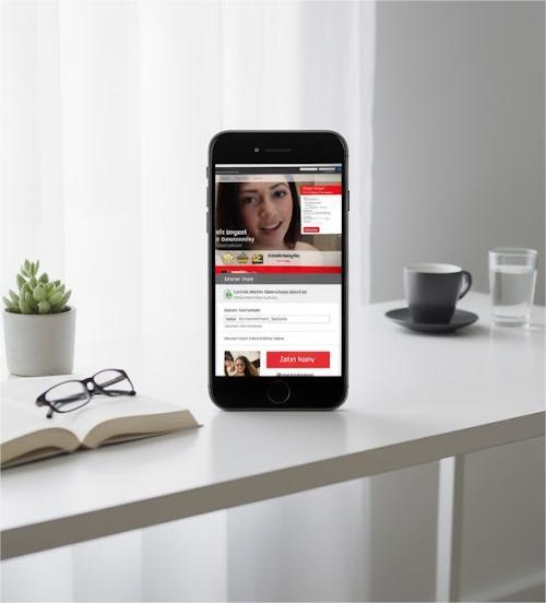 A smartphone mockup displaying the Adult Friend Finder website on its screen. The phone is standing upright on a white table next to a pair of glasses, an open book, and a small plant, with a blurred background.