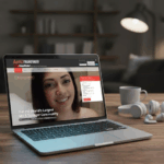 A laptop mockup displaying the Adult Friend Finder homepage on a wooden desk with headphones and a coffee cup in the background. The screen shows a smiling woman's face, the site's logo, and a sign-up form.