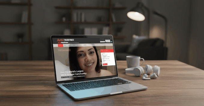 A laptop mockup displaying the Adult Friend Finder homepage on a wooden desk with headphones and a coffee cup in the background. The screen shows a smiling woman's face, the site's logo, and a sign-up form.