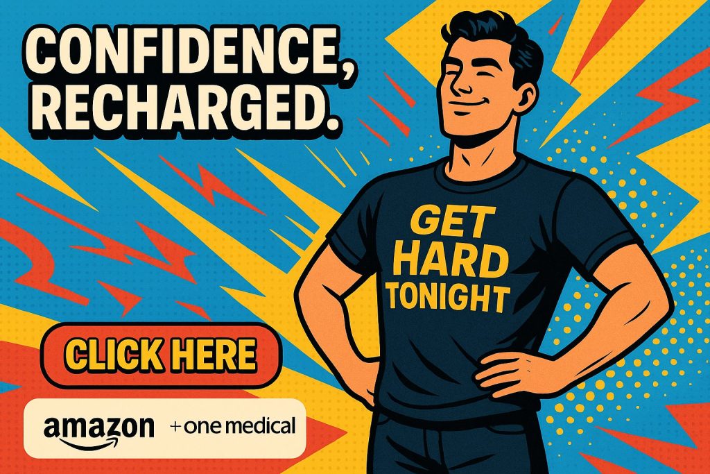 A pop art style illustration on a vibrant blue and yellow background. A smiling, muscular man in a red T-shirt stands confidently with one fist clenched on his chest and the other hand on his hip. A yellow speech bubble or burst behind him contains the text "CONFIDENCE, RECHARGED." The bottom left of the image features the logos for "amazon" and "one medical." The overall style suggests energy, strength, and quick delivery with a button to click here