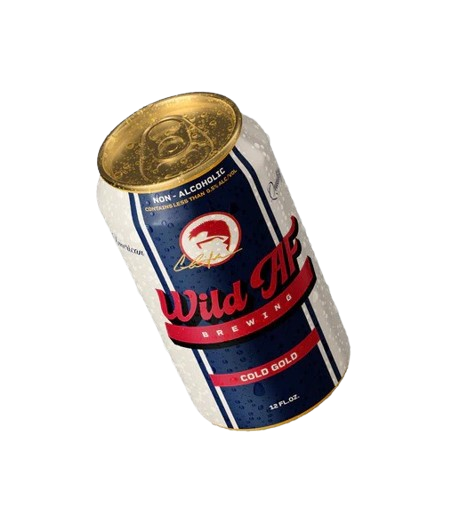 A product shot of a cold, wet can of Wild AF Brewing Cold Gold Non Alcoholic Beer, featuring a white, blue, and red label, against background.