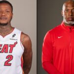 Chauncey Billups Arrested story photo showing Portland Trail Blazers coach Chauncey Billups and Miami Heat guard Terry Rozier amid FBI NBA gambling scandal.
