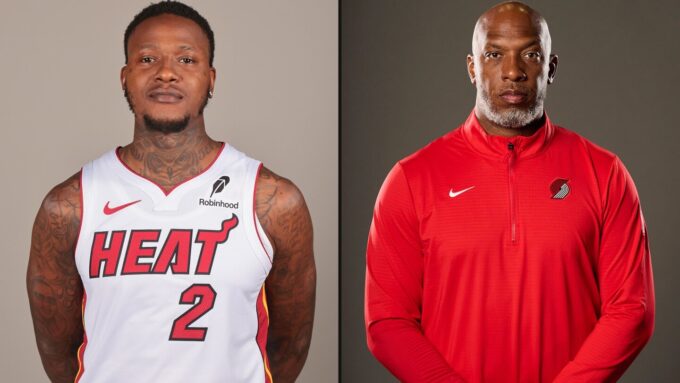 Chauncey Billups Arrested story photo showing Portland Trail Blazers coach Chauncey Billups and Miami Heat guard Terry Rozier amid FBI NBA gambling scandal.