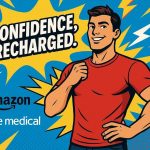 A pop art style illustration on a vibrant blue and yellow background. A smiling, muscular man in a red T-shirt stands confidently with one fist clenched on his chest and the other hand on his hip. A yellow speech bubble or burst behind him contains the text "CONFIDENCE, RECHARGED." The bottom left of the image features the logos for "amazon" and "one medical." The overall style suggests energy, strength, and quick delivery.