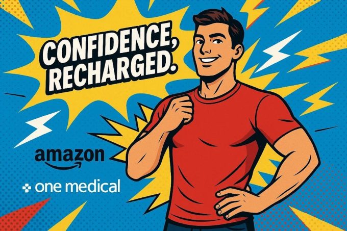 A pop art style illustration on a vibrant blue and yellow background. A smiling, muscular man in a red T-shirt stands confidently with one fist clenched on his chest and the other hand on his hip. A yellow speech bubble or burst behind him contains the text "CONFIDENCE, RECHARGED." The bottom left of the image features the logos for "amazon" and "one medical." The overall style suggests energy, strength, and quick delivery.
