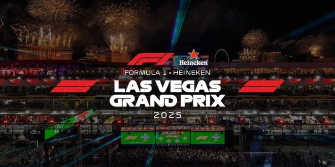 F1 Las Vegas 2025 Grand Prix promotional banner with fireworks lighting up the Strip and the Formula 1 Heineken branding.