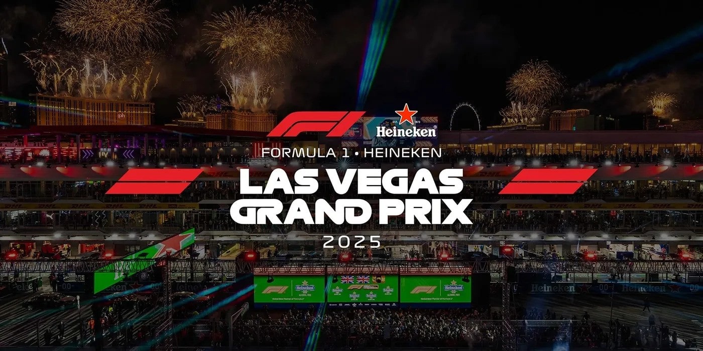 F1 Las Vegas 2025 Grand Prix promotional banner with fireworks lighting up the Strip and the Formula 1 Heineken branding.