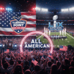 Promotional graphic for Turning Point USA’s All American Halftime Show 2026, featuring patriotic crowds and a split-screen with the official NFL Super Bowl Halftime Show 2026