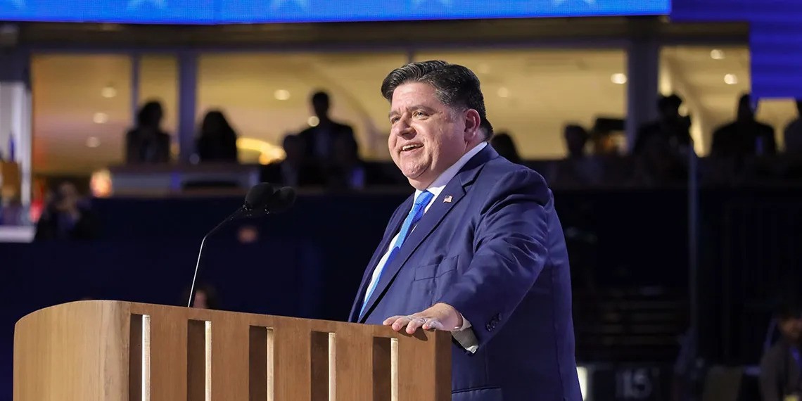 Illinois Governor JB Pritzker speaks at a podium during a public event, featured in JB Pritzker News coverage.