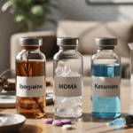 A photo showing three vials labeled “Ibogaine,” “MDMA,” and “Ketamine,” placed beside a syringe, pills, and a small dish of powder on a wooden table. The softly lit room and couch in the background create a clinical yet calming vibe—perfect for illustrating an article comparing Ketamine vs MDMA therapies and their medical use.