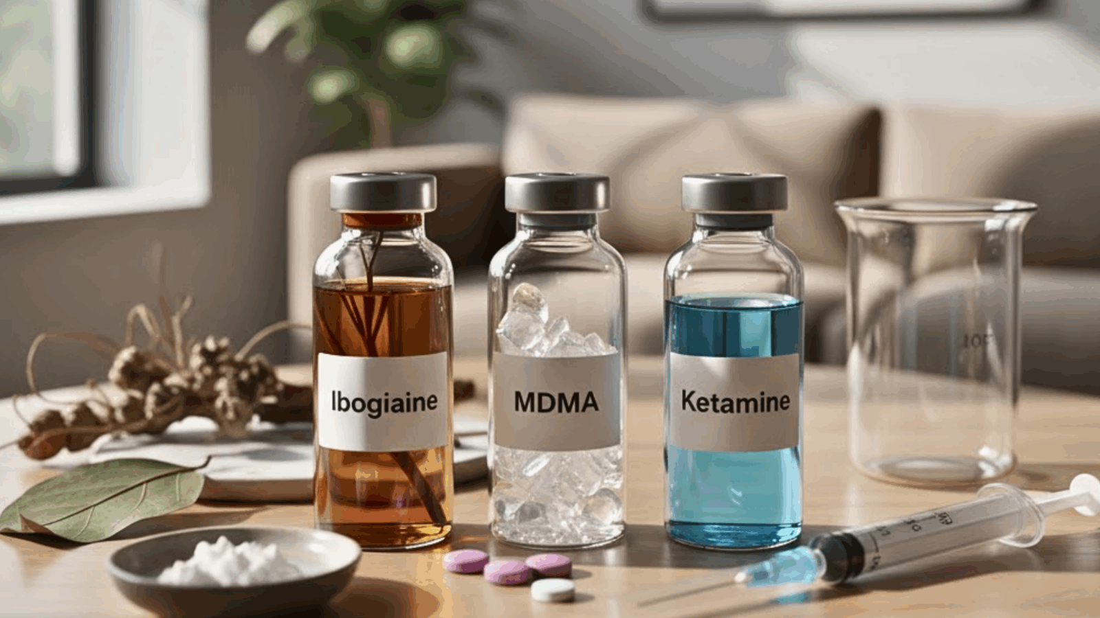 A photo showing three vials labeled “Ibogaine,” “MDMA,” and “Ketamine,” placed beside a syringe, pills, and a small dish of powder on a wooden table. The softly lit room and couch in the background create a clinical yet calming vibe—perfect for illustrating an article comparing Ketamine vs MDMA therapies and their medical use.