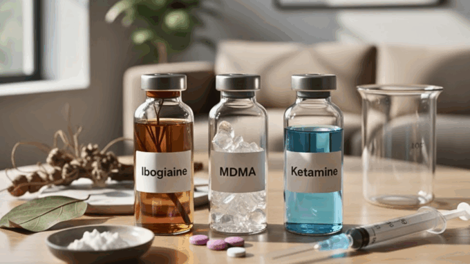 A photo showing three vials labeled “Ibogaine,” “MDMA,” and “Ketamine,” placed beside a syringe, pills, and a small dish of powder on a wooden table. The softly lit room and couch in the background create a clinical yet calming vibe—perfect for illustrating an article comparing Ketamine vs MDMA therapies and their medical use.